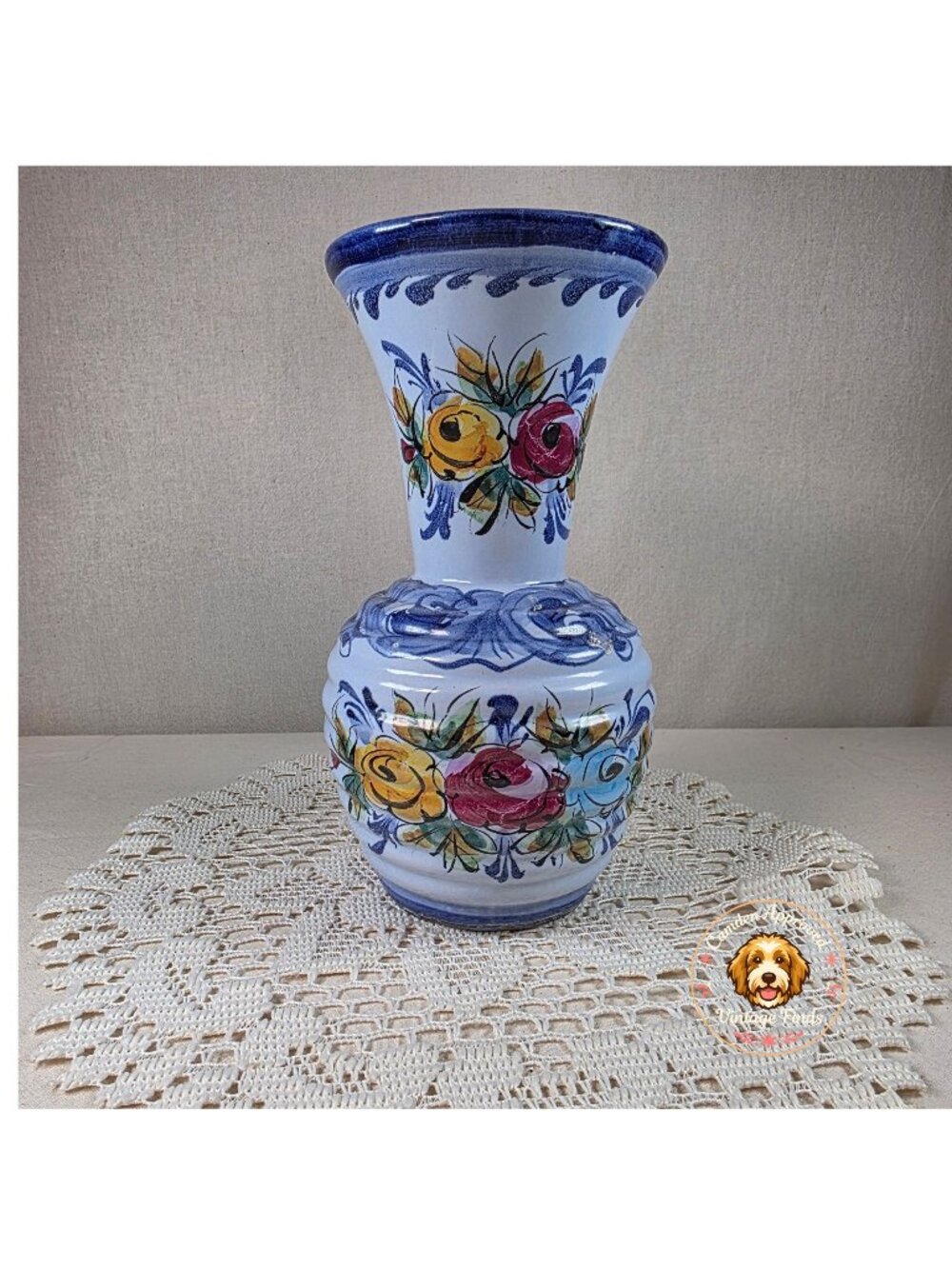 Hand-Painted Portuguese Folk Art Ceramic Vase With Floral Design 8" Tall Blue &